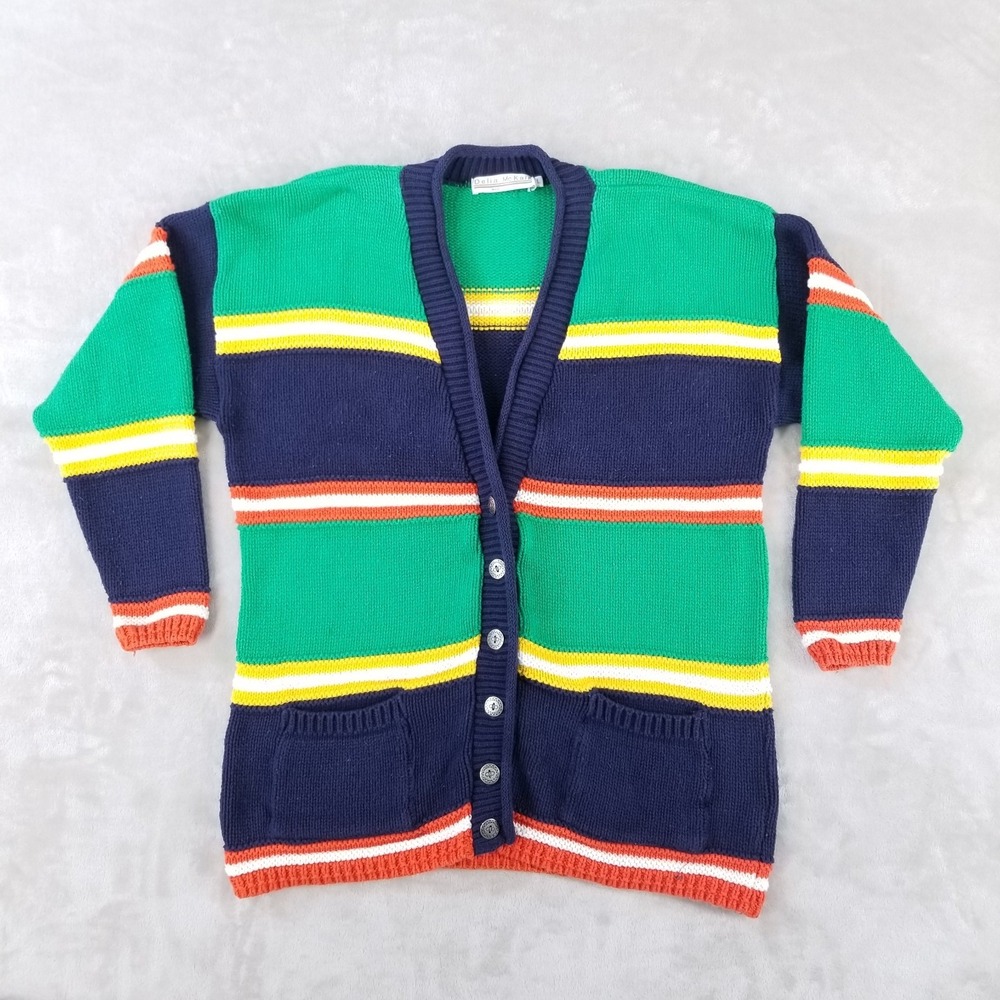 Vintage Cardigan Women L Colorful Striped Cotton Preppy Country Club Oversized